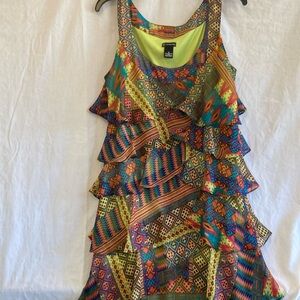 New Directions,‎ bright colored straight dress, ruffled all the way down.